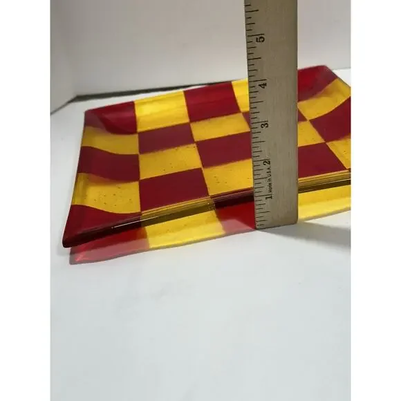 Art glass Plate Chess checked Red & Yellow 10” Square Dish